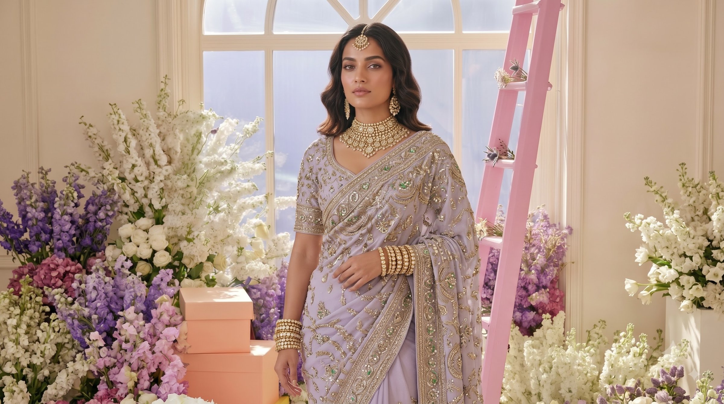 Noor Jahan Gilded Champagne Tissue Drape Saree view 7