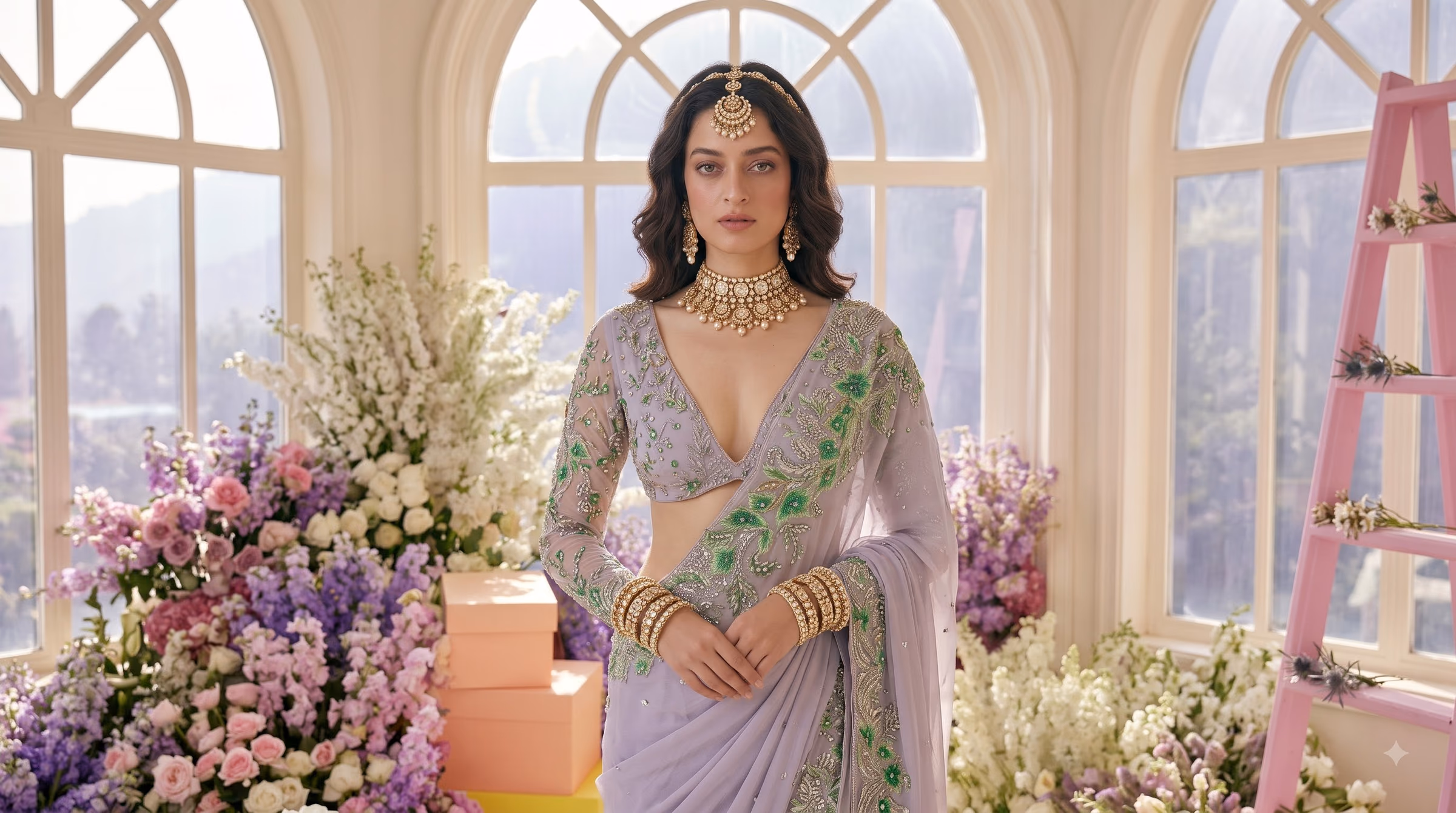 Noor Jahan Gilded Champagne Tissue Drape Saree view 8