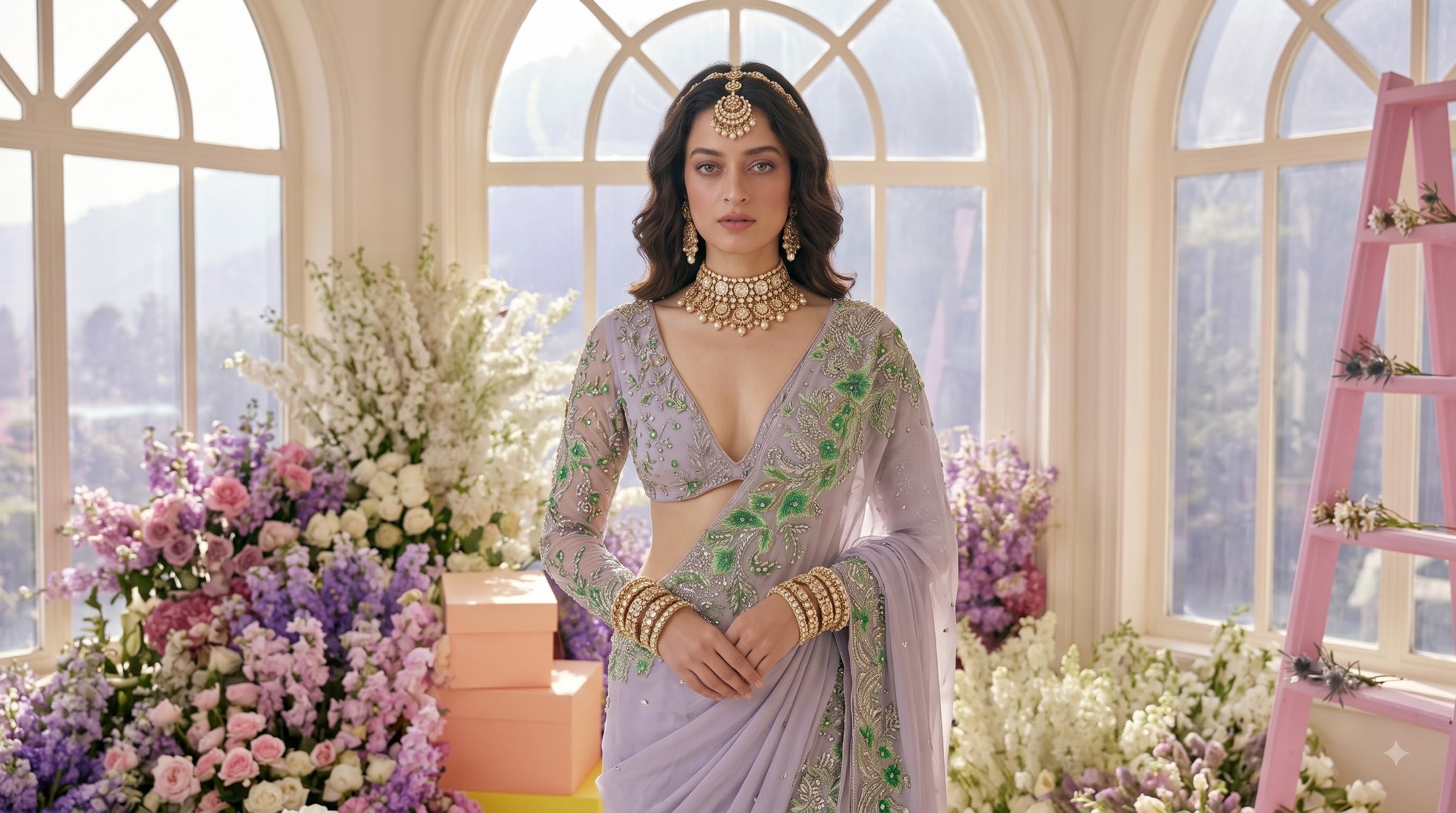 Noor Jahan Gilded Champagne Tissue Drape Saree view 9