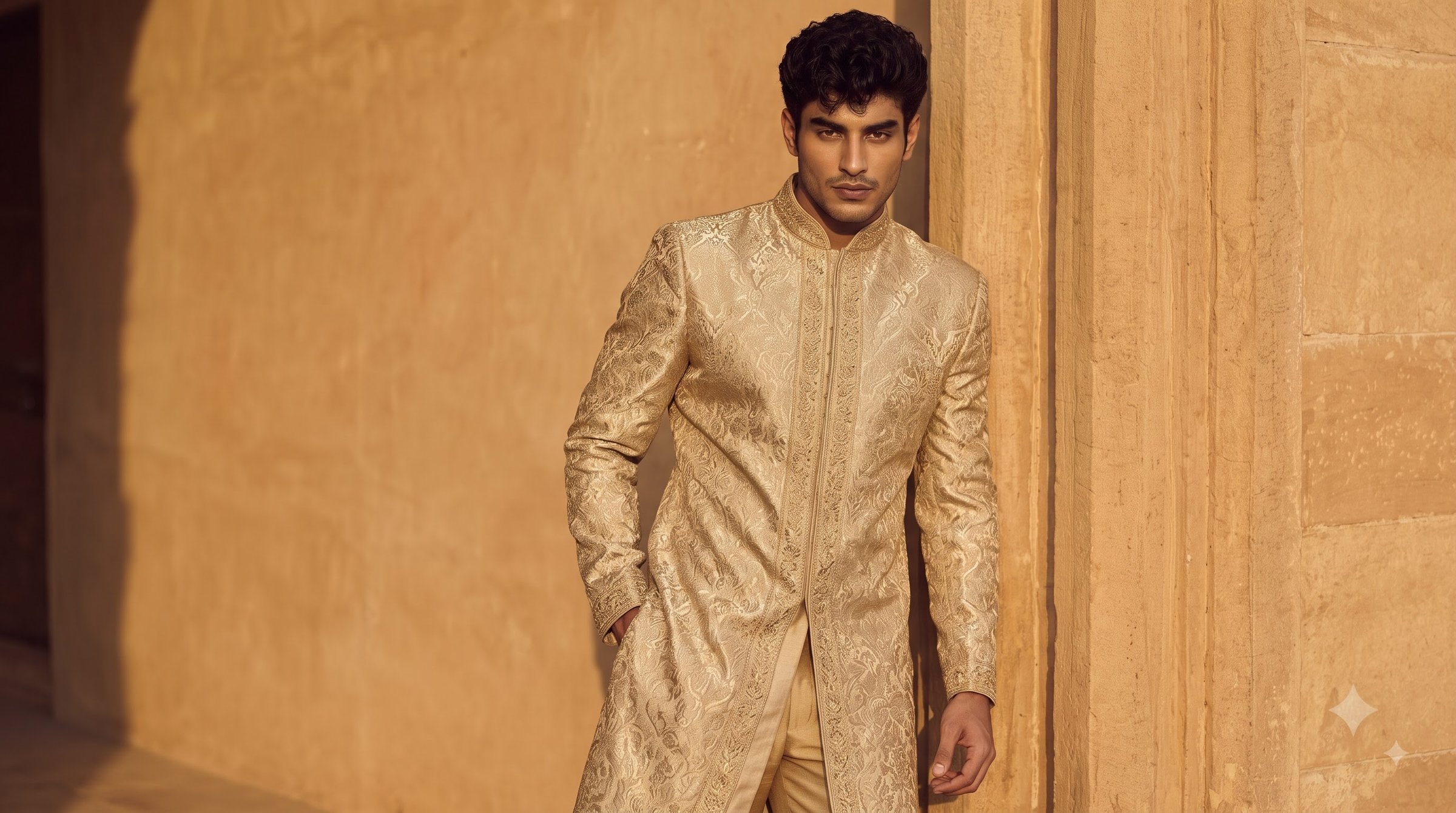 Antique Gold Muted Zari Brocade Royal Sherwani view 7